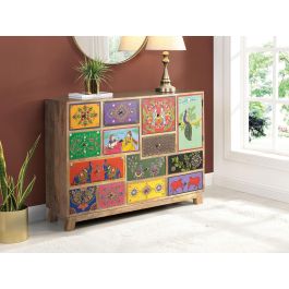 GINER Y COLOMER Commode en bois de manguier et MDF 90x112x35 cm - 13 tiroirs et 1 porte - Peinture à la main multicolore - Style antique