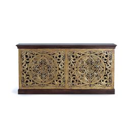 GINER Y COLOMER Aparador Buffet en Bois de Mango Sculpté avec Pan de Oro, Noir Doré et Noyer