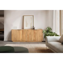 GINER Y COLOMER Buffet 4 portes en bois de manguier naturel aux coins arrondis avec poignées métalliques, design épuré et spacieux