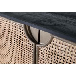 GINER Y COLOMER - Buffet avec portes en rotin naturel tissé et pieds métal, structure bois couleur foncée, noir et bronze, nécessite assemblage