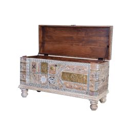 GINER Y COLOMER Coffre en bois massif de manguier couleur blanc vieilli avec détails en bronze - Dimensions 100x40x57 cm