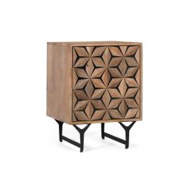 GINER Y COLOMER - Table de chevet ou table auxiliaire en bois de manguier massif avec porte à motif géométrique sculpté à la main - Style rustique, moderne ou nordique