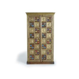 GINER Y COLOMER Dora2 - Armoire 2 portes en acacia style ethnique avec applications d'azulejos et bronze repoussé - 180 x 100 x 45 cm - Couleur cerise Precio: 1775.988. SKU: B12GJ7W5VD