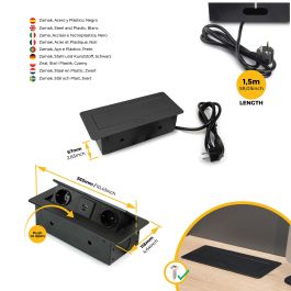 Emuca Multiconnecteur Atom 26 Lite pour bureau, 225x111mm, Peint en noir, Zamak et Acier et Plastique.