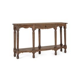 GINER Y COLOMER Console d'Entrée en Bois de Teck Recyclé Sculpté à la Main, Finition Vieillie Noisette avec 7 Pilastres Tournées, Tiroir et Étagère Basse