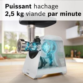 Hachoir a viande - BOSCH - MFWS420W Série 4 - Blanc - 500 W - moteur bloqué 1900 W - 2,5 kg/mn - 2 vitesses - 2 grilles de hachoir