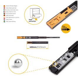 Emuca Lot de 5 jeux de Coulisses pour tiroirs, roulement à billes, hauteur 45mm, profondeur 400mm, sortie totale, fermeture amortie, Noir