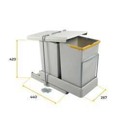 Emuca Poubelle de recyclage pour montage inférieur et extraction automatique dans l'élément de cuisine 2x14litres, Plastique gris