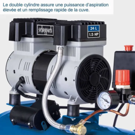 Scheppach HC26Si - Compresseur d'air silencieux, 1100W, 24L, 8 bar, double cylindre, sans huile - Pour garage, atelier et maison