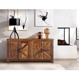 GINER Y COLOMER Buffet rustique en bois recyclé, 4 portes, fait main, couleur noyer, dimensions détaillées