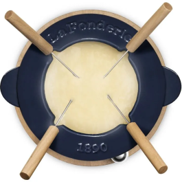 La Fonderie 1890 - Fondue en fonte émaillée Mont d'Arbois, 1.2 L pour 4 personnes, socle bois, compatible lave-vaisselle et tous feux (électrique, induction, gaz, four), bleu