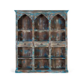 GINER Y COLOMER - Buffet Bibliothèque Artisanal en Bois de Mango, Style Exotique, Finition Bleu Patiné, 3 Tiroirs et Étagères, 170 cm de Largeur Precio: 2399.988. SKU: B13XDE3DBF