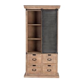 GINER Y COLOMER Buffet industriel en bois de manguier et métal, 4 tiroirs et 1 porte coulissante, couleur naturel, finition noyer foncé