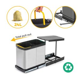 Emuca Bac à recyclage pour montage inférieur et extraction manuelle/automatique dans les éléments de cuisine, Inox 2x12 litres plastique et acier inoxydable.