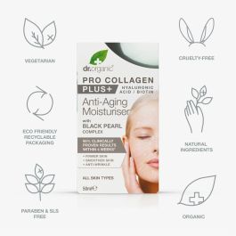 Dr. Organic Crème Anti-âge PRO COLLAGEN+ Perle Noire Hydratante avec Acide Hyaluronique et Biotine, 50 ml