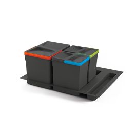 Emuca Kit poubelle de tri sélectif pour tiroir de cuisine avec socle Recycle hauteur 216mm, 1x12litres, 2x6litres, module 600mm, Plastique gris anthracite