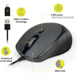 Port Designs Mouse Office Pro Silent Wired - Souris filaire optique silencieuse avec molette de défilement - Compatible USB et USB-C - Noir