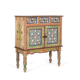 GINER Y COLOMER GC-Artisan Buffet d'Entrée en Bois de Mango avec Décoration Florale Peinte à Main - 3 Tiroirs et 2 Portes - 22x83x40 cm