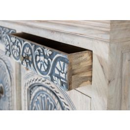 GINER Y COLOMER - Buffet en bois de manguier sculpté artisanalement, 2 tiroirs et 2 portes, finition blanc lavé et bleu profond - Dimensions : 105x31x? cm