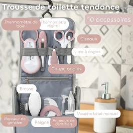 Beaba - Trousse de toilette bébé avec 10 accessoires (thermomètre, ciseaux, peigne, anneau de dentition, mouche-bébé) - Organisation à élastiques et poche zippée - Vieux rose