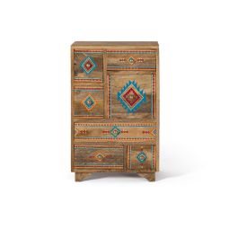 GINER Y COLOMER Table de chevet en bois de manguier multicolore avec 7 tiroirs et détails peints à main - 66 cm H