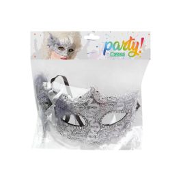 Mascara veneciana plateada avec incrustations et dentelle blanche, masque vénitien pour fêtes, carnavals et soirées costumées