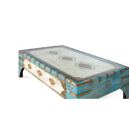 GINER Y COLOMER Table basse en bois de manguier vieilli bleu et blanc, dessus en verre transparent, design rustique artisanal, 150 x 90 x 46 cm