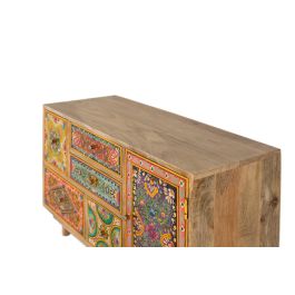 GINER Y COLOMER Commode en bois de manguier artisanal avec 6 tiroirs et porte, décors peints à main, style ethnique bohem - Dimensions 39x25 cm