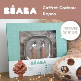 BEABA Savannah Bloom Coffret cadeau 1er repas bébé - Assiette inox, couverts ergonomiques, bavoir à manches et boîte à souvenirs