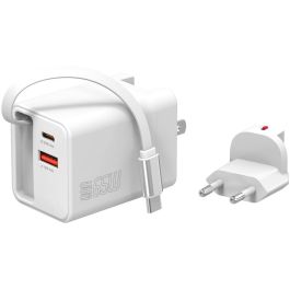 4smarts 541065 Chargeur Secteur GaN 65W, USB-C et USB-A avec Câble Rétractable 0.7m, Charge Rapide PPS et Quick Charge 3.0, Blanc