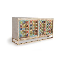 GINER Y COLOMER Buffet 4 portes en bois de manguier et métal, finition blanc vieilli avec incrustations de bronze, 90 cm de large x 40 cm de profondeur