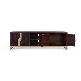 GINER Y COLOMER Buffet TV en bois de manguier massif couleur noyer avec base métallique dorée - Design art déco, portes et étagères