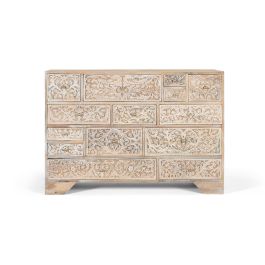 GINER Y COLOMER - Commode artisanale en bois de manguier, finition blanc décapé, avec 14 tiroirs aux motifs floraux sculptés à la main Precio: 1043.988. SKU: B1FTXPX7RQ