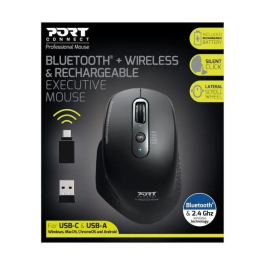 Port Designs Souris sans fil Bluetooth Office Executive rechargeable - 7 boutons, 3200 DPI, connexion Bluetooth et 2.4 GHz pour ordinateur portable