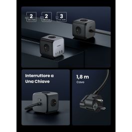 UGREEN DigiNest Cube Multiprise 3 prises AC + 2 ports USB-C + 2 ports USB-A Charge Rapide 65W 1.8m Gris/Noir