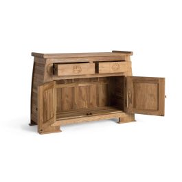 GINER Y COLOMER - Buffet en bois de teca massif style oriental avec 2 tiroirs et 2 portes sculptées, finition naturelle rustique - Dimensions L110 x P41 x H77 cm