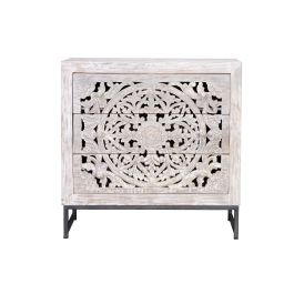 GINER Y COLOMER Buffet 3 tiroirs en bois de manguier et métal, finition blanc vieilli et piètement gris, 80x80x35 cm