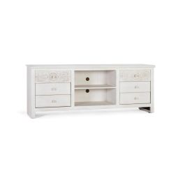 GINER Y COLOMER Meuble TV avec 6 tiroirs et 2 espaces ouverts, en bois de manguier blanc vieilli, 180 x 40 x 70 cm