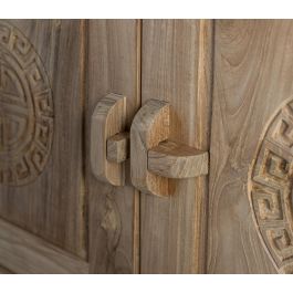 GINER Y COLOMER - Buffet en bois de teca massif style oriental avec 2 tiroirs et 2 portes sculptées, finition naturelle rustique - Dimensions L110 x P41 x H77 cm