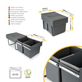 Emuca Bac de tri sélectif a montage inférieur et extraction manuelle pour élément de cuisine Recycle, 2x15litres, Plastique Gris antracite