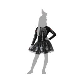 Déguisement Squelette Halloween pour Fille 10-12 Ans - Robe Noire Brillante avec Falbala en Tulle et Détails de Crânes Luminescents
