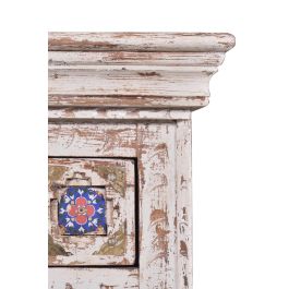 GINER Y COLOMER Table de nuit en bois de manguier avec incrustations de céramique et bronce, finition blanc vieilli, 3 tiroirs, 65 x 50 x 40 cm