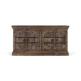 GINER Y COLOMER Buffet 4 portes en bois de manguier massif, fabriqué à la main, portes sculptées motifs floraux avec ferrures et poignées en fer vieilli, couleur marron Precio: 1463.988. SKU: B16H339WJS