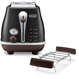 Delonghi CTOV2103.BK Grille-pain 2 Fentes 900 W Noir Mat/Chocolat - 6 Niveaux de Brunissage, Remontée Extra Haute, Ramasse-Miettes
