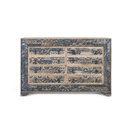 GINER Y COLOMER - Buffet en bois de manguier sculpté 8 tiroirs, finition bicolore naturel et bleu vieilli, style vintage, dimensions 62x15 cm (front) + hauteur pattes 7 cm Precio: 1439.988. SKU: B1JNTKNAAK