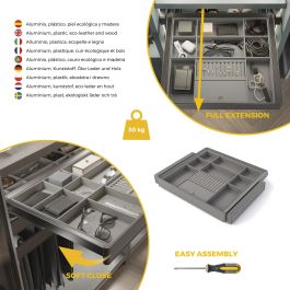 Emuca Kit tiroir organisateur et rack ajustable Quartz pour armoires, glissières extension totale et à fermeture douce, Module 60cm, Finition Titane