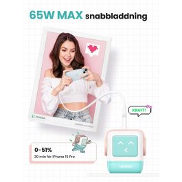 Ugreen RG 65W 3-Port GaN Chargeur Rapide pour Ordinateur Portable, Tablette, Téléphone - Rose et Bleu