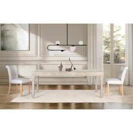 GINER Y COLOMER - Table de salle à manger rectangulaire en bois de manguier et verre, plateau sculpté à la main, 220 cm, blanc décapé