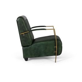 GINER Y COLOMER - Fauteuil en cuir naturel vert avec structure métallique dorée, dossier et assise rembourrés, piètement en bois foncé