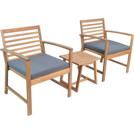 Cali Salon de jardin en bois d'Acacia FSC 2 personnes, 2 fauteuils et table basse carrée avec coussins polyester Gris